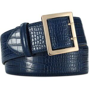 Women Leather Wide Fashion Thick Dress Belt With Gold Buckle Belt Navy Gold